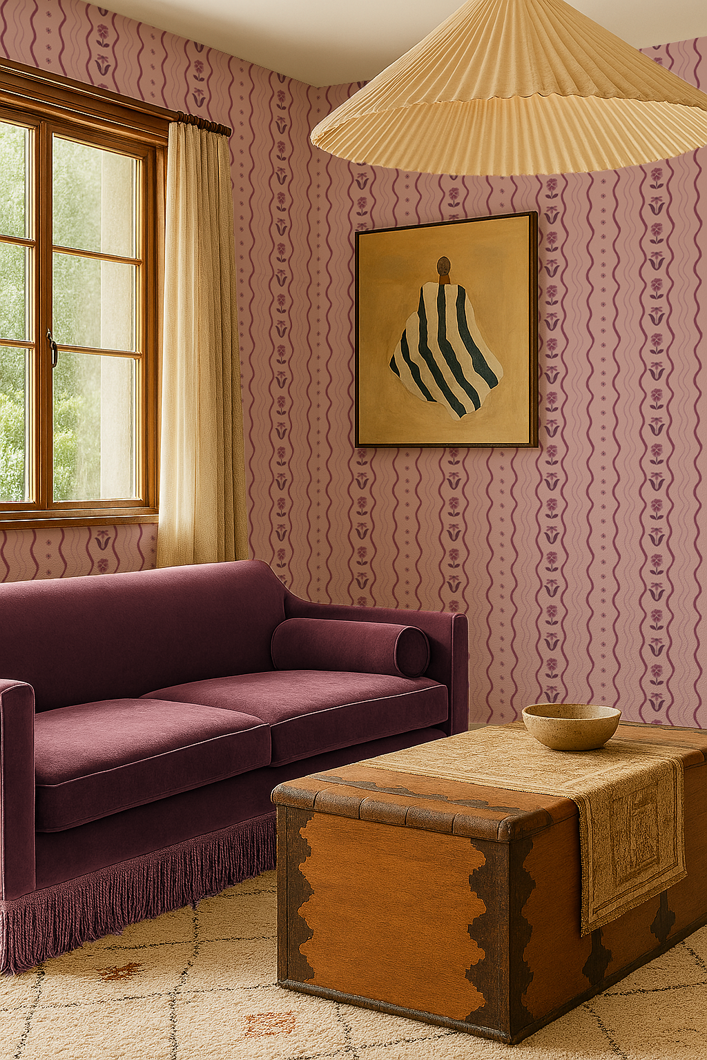 Posy Lane Stripe Wallpaper, lilac and plum Samantha Santana Creative