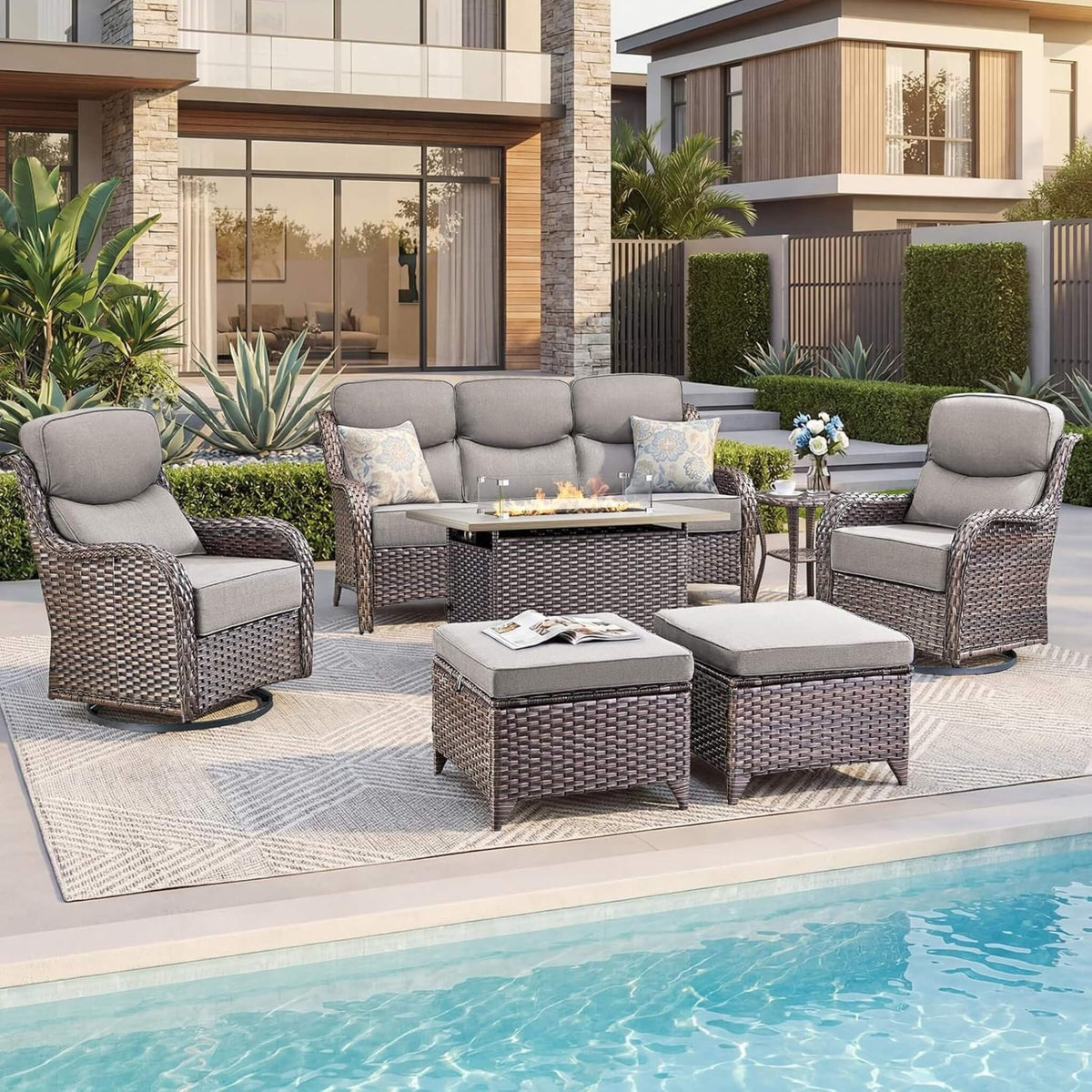 Luxury 7-Piece Outdoor Patio Furniture Set With Fire Pit Table (SAK57391) SAKSBY WHOLESALE