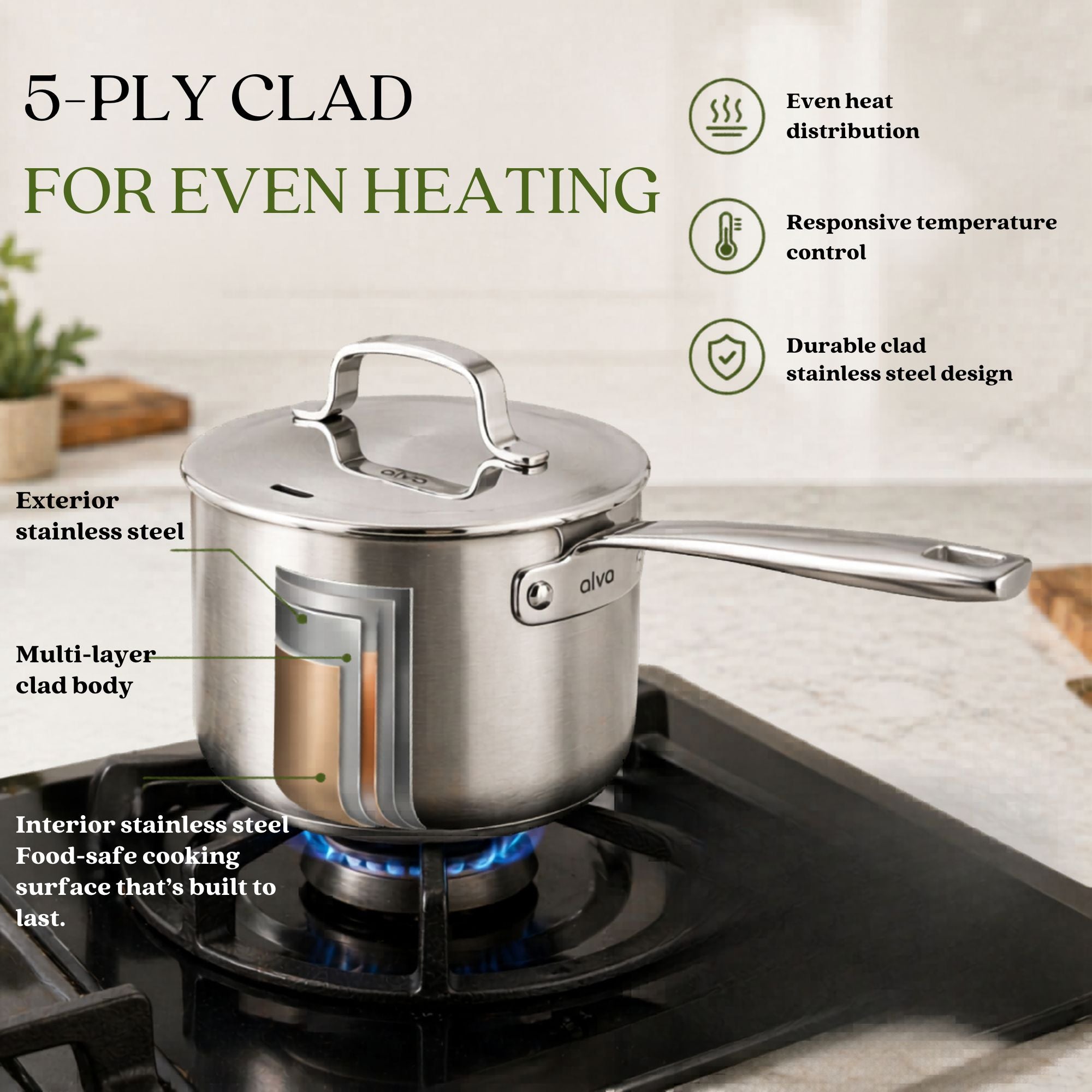 5-Ply Stainless Steel Saucepan with Lid Alva Cookware