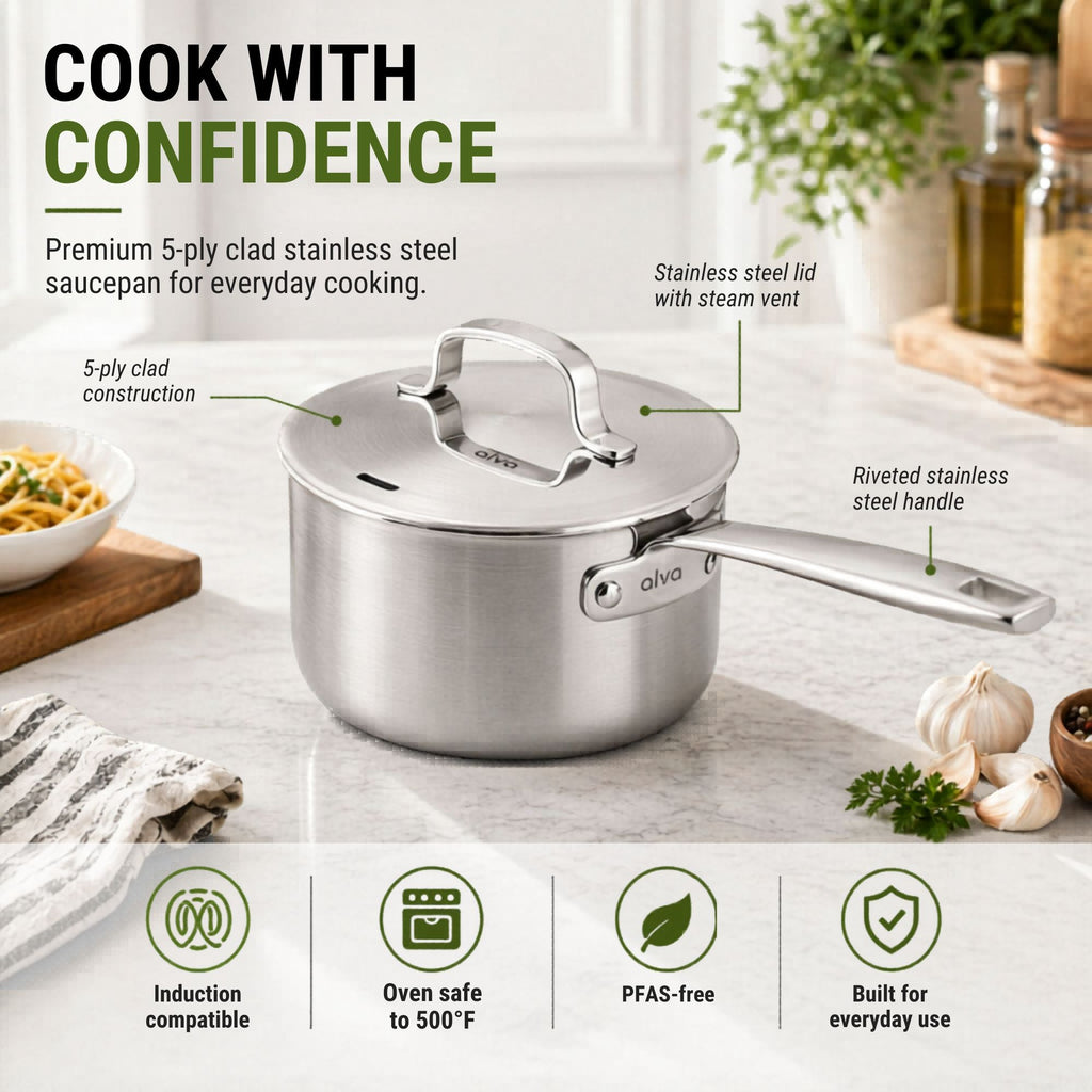 5-Ply Stainless Steel Saucepan with Lid Alva Cookware