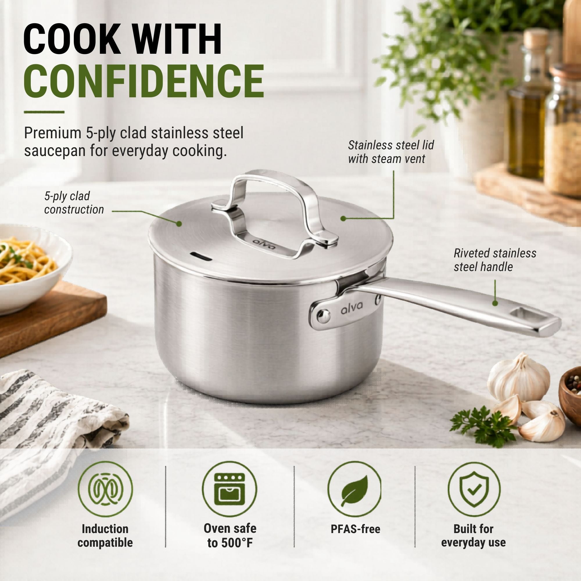 5-Ply Stainless Steel Saucepan with Lid Alva Cookware