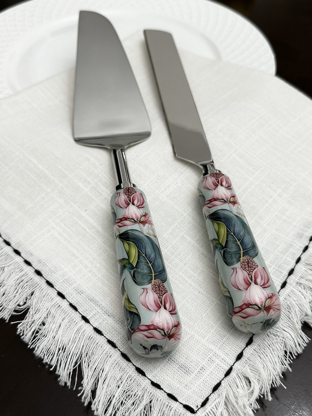 Floral Cake Cutting Knife & Server with Mint Meenakari Work Vibhsa