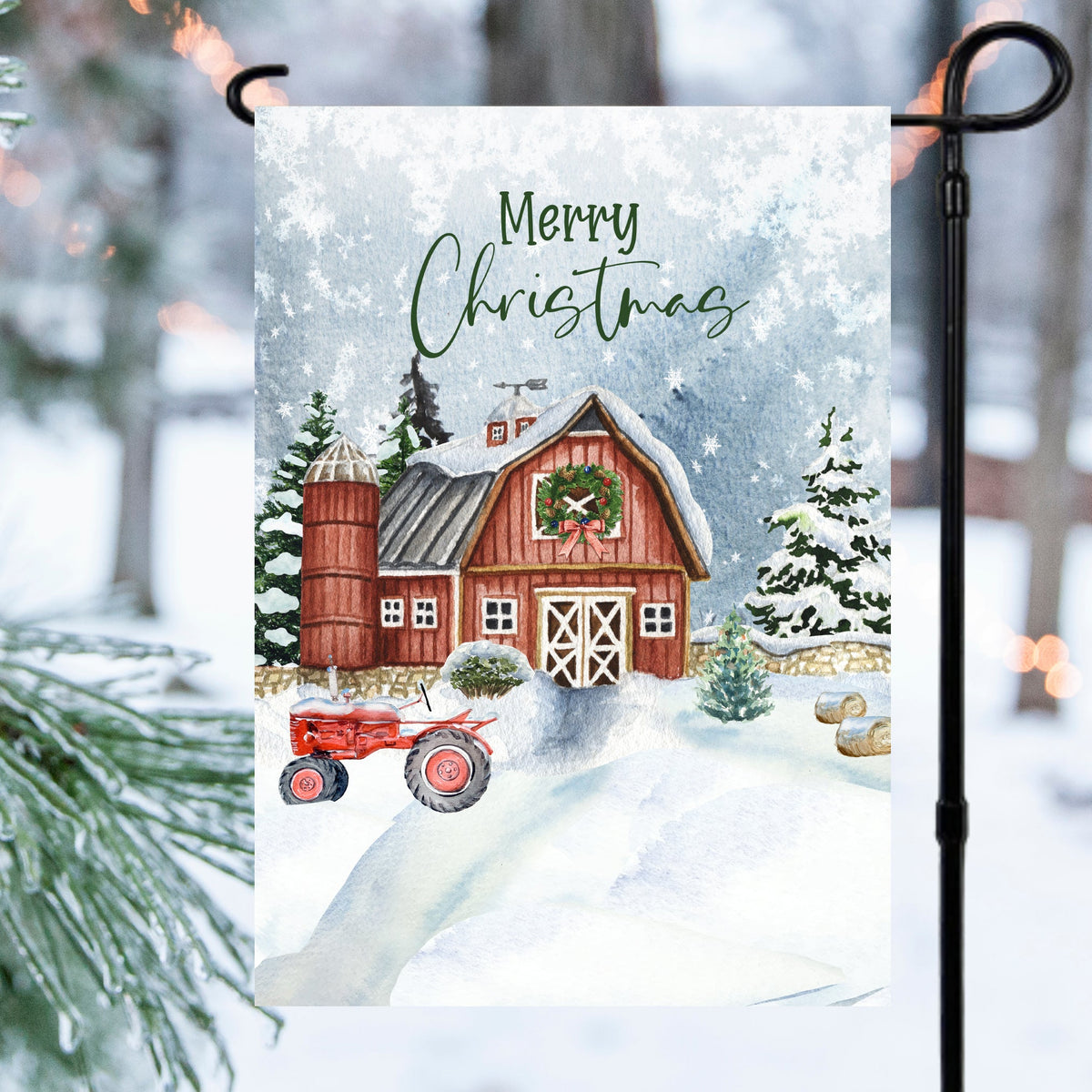 Merry Christmas Barn Christmas Garden Flag 12x18 inch Cotton and Crate