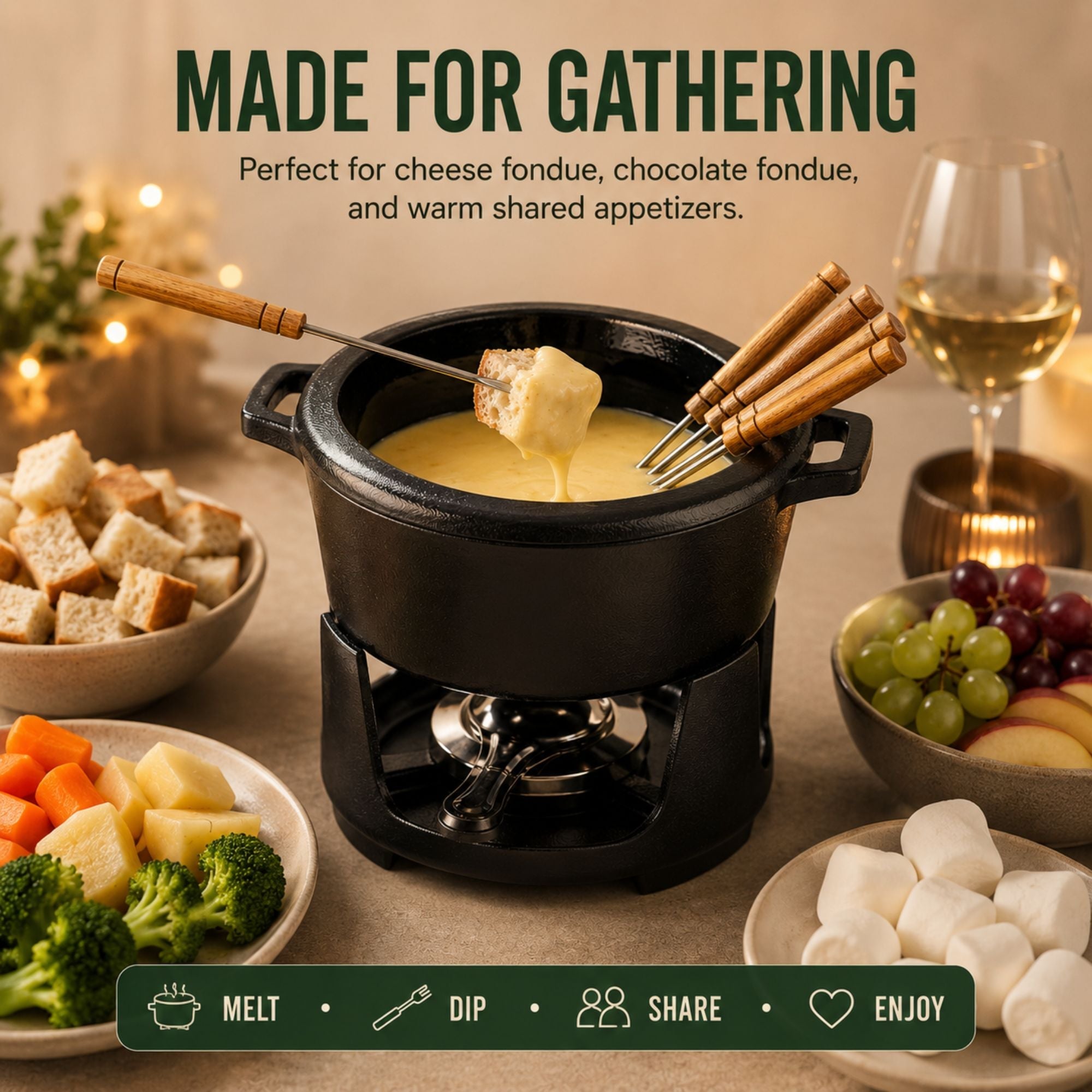 Enameled Cast Iron Fondue Set, 8-Piece, 2-Qt Alva Cookware
