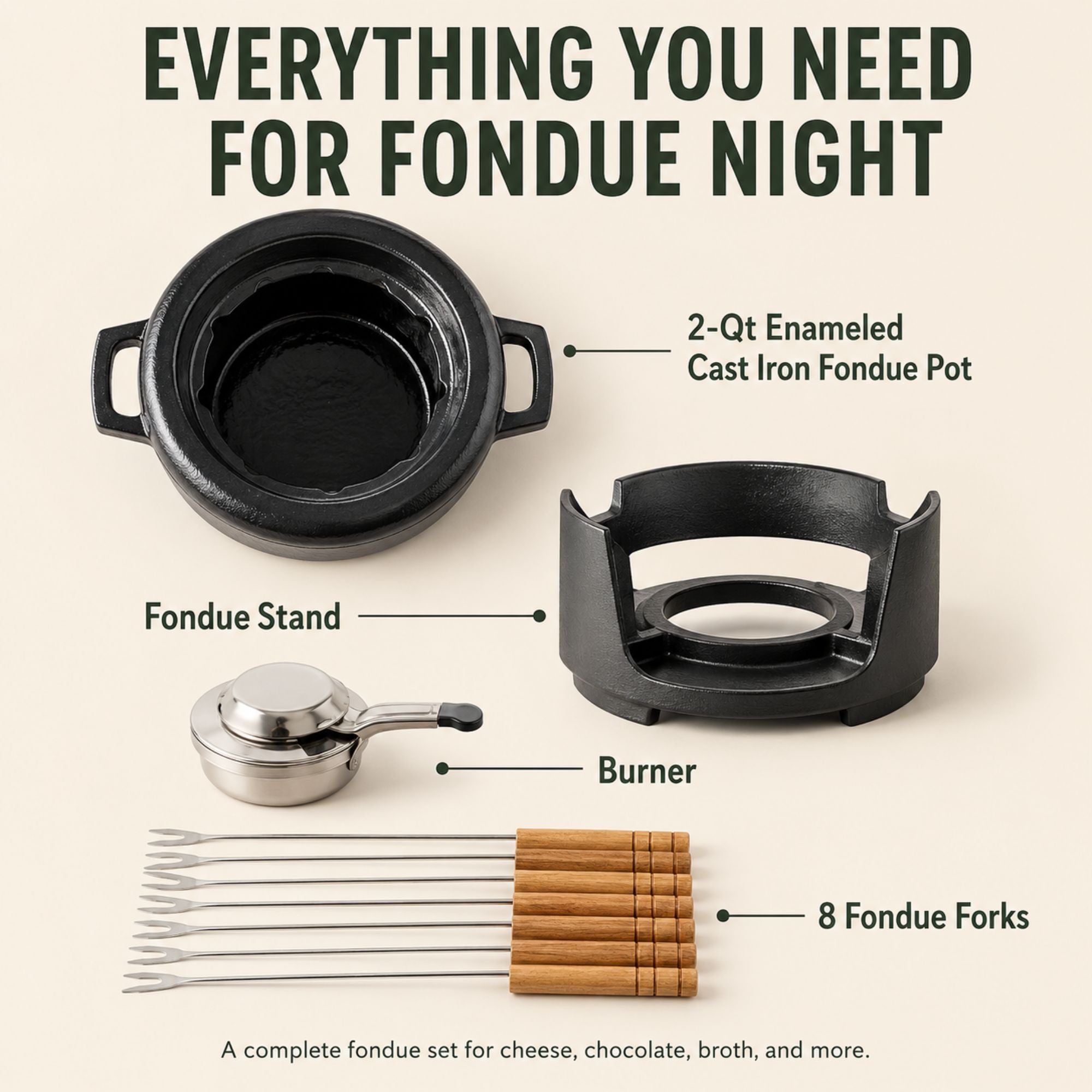 Enameled Cast Iron Fondue Set, 8-Piece, 2-Qt Alva Cookware