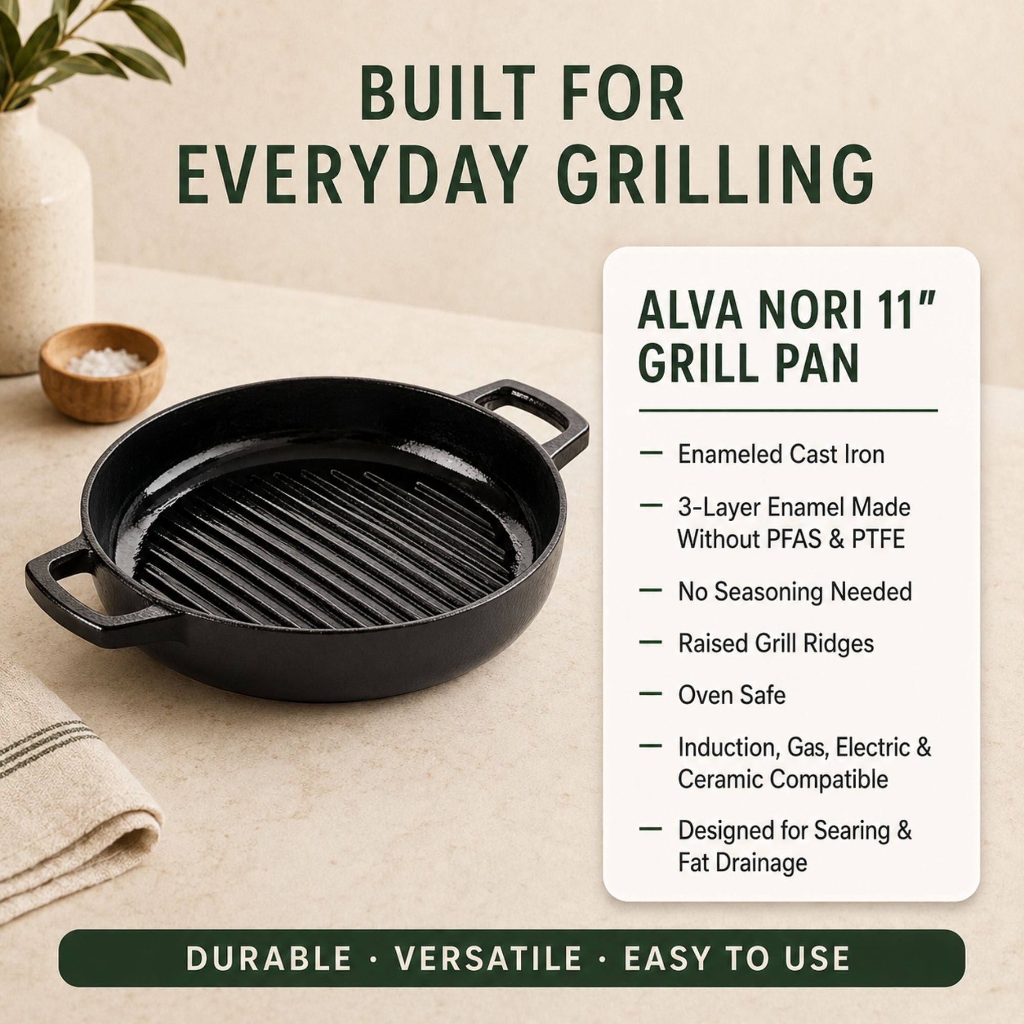 Enameled Cast Iron Grill Pan, 11" Alva Cookware