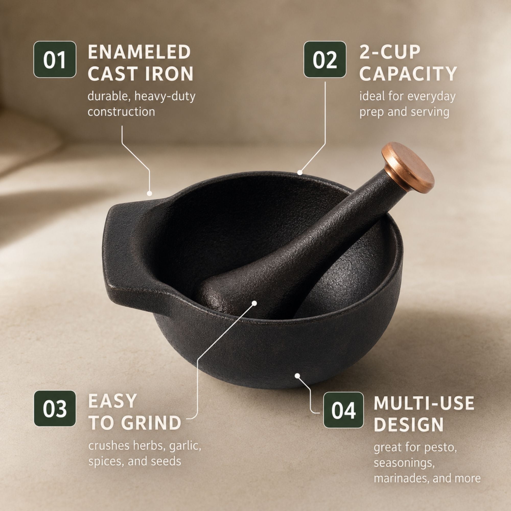 Enameled Cast Iron Mortar & Pestle Set, 2-Cup Alva Cookware