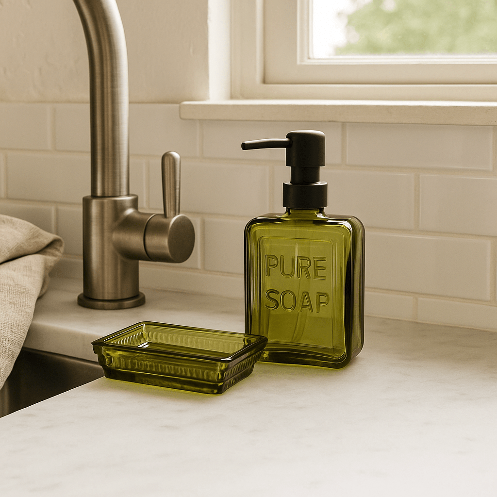 Olive Green Glass Soap Dish – Rectangular with Patterned Rim White Cliff Studio