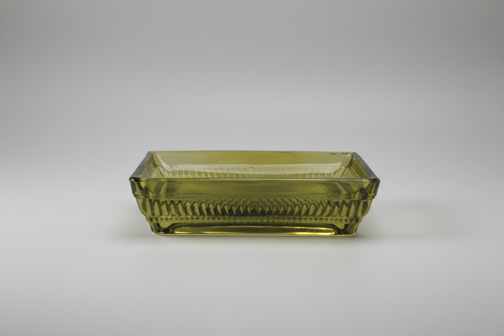 Olive Green Glass Soap Dish – Rectangular with Patterned Rim White Cliff Studio