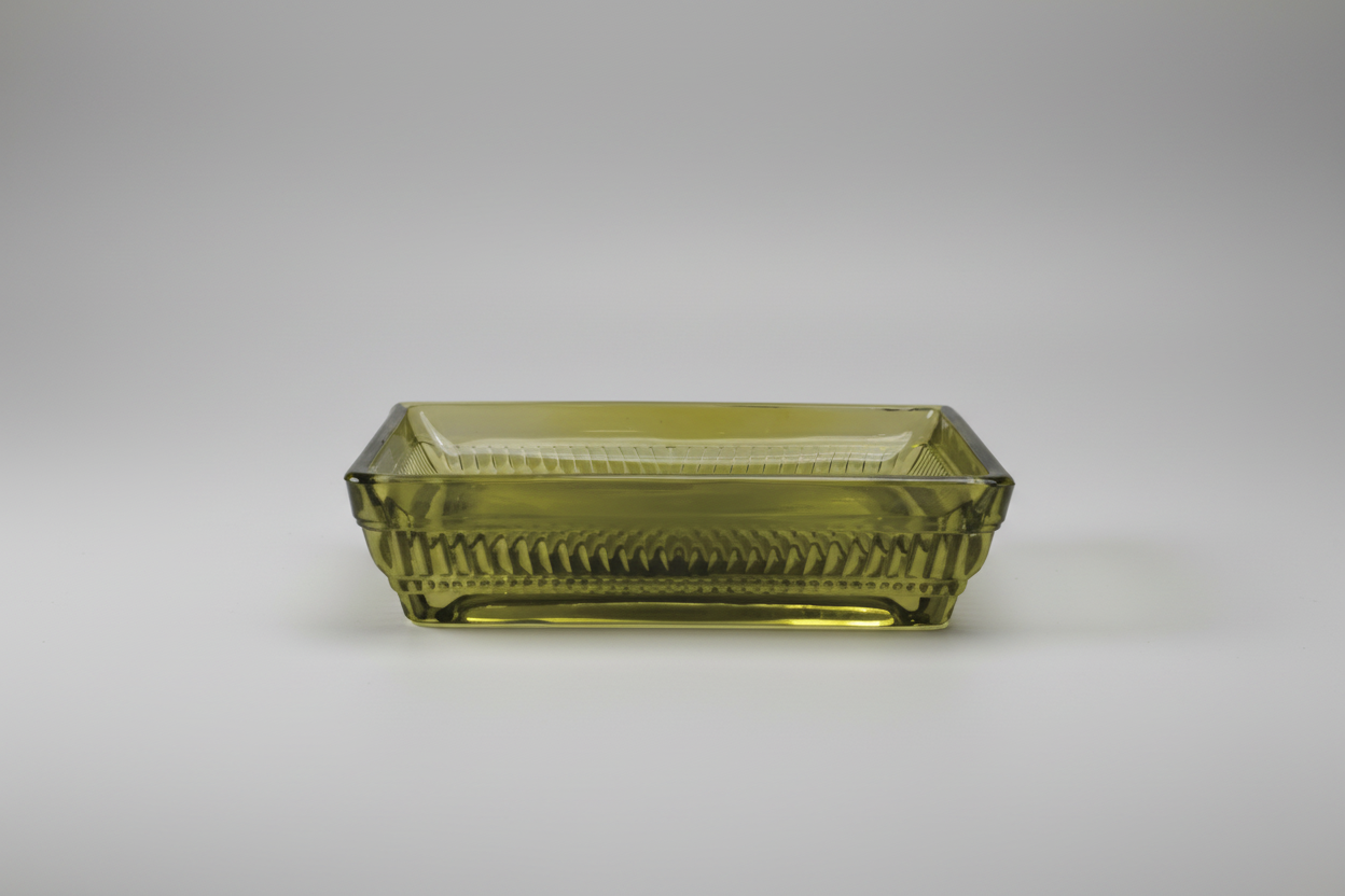Olive Green Glass Soap Dish – Rectangular with Patterned Rim White Cliff Studio