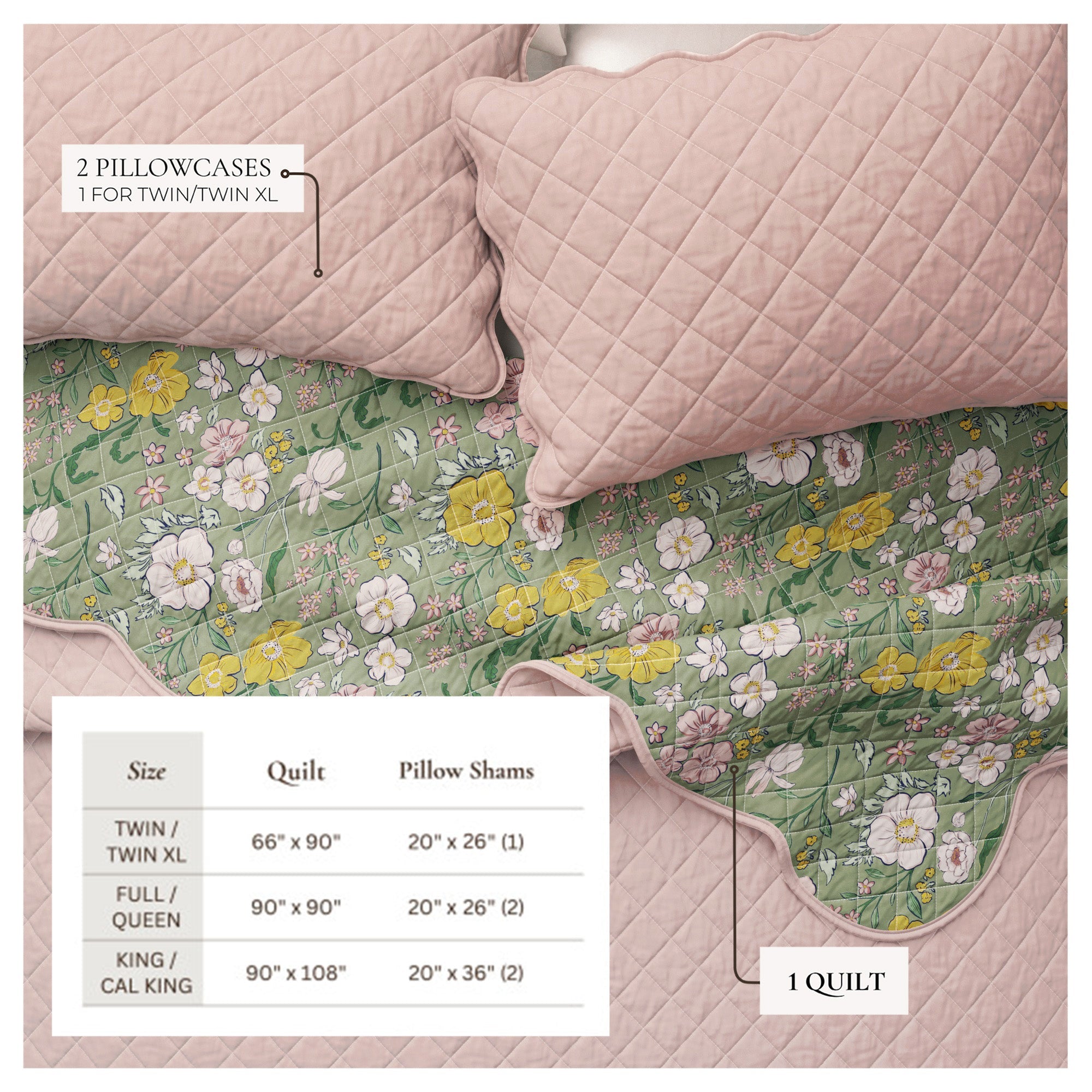 Floral Print & Scalloped Cotton Quilt Set - Gwen Collection Great Bay Home