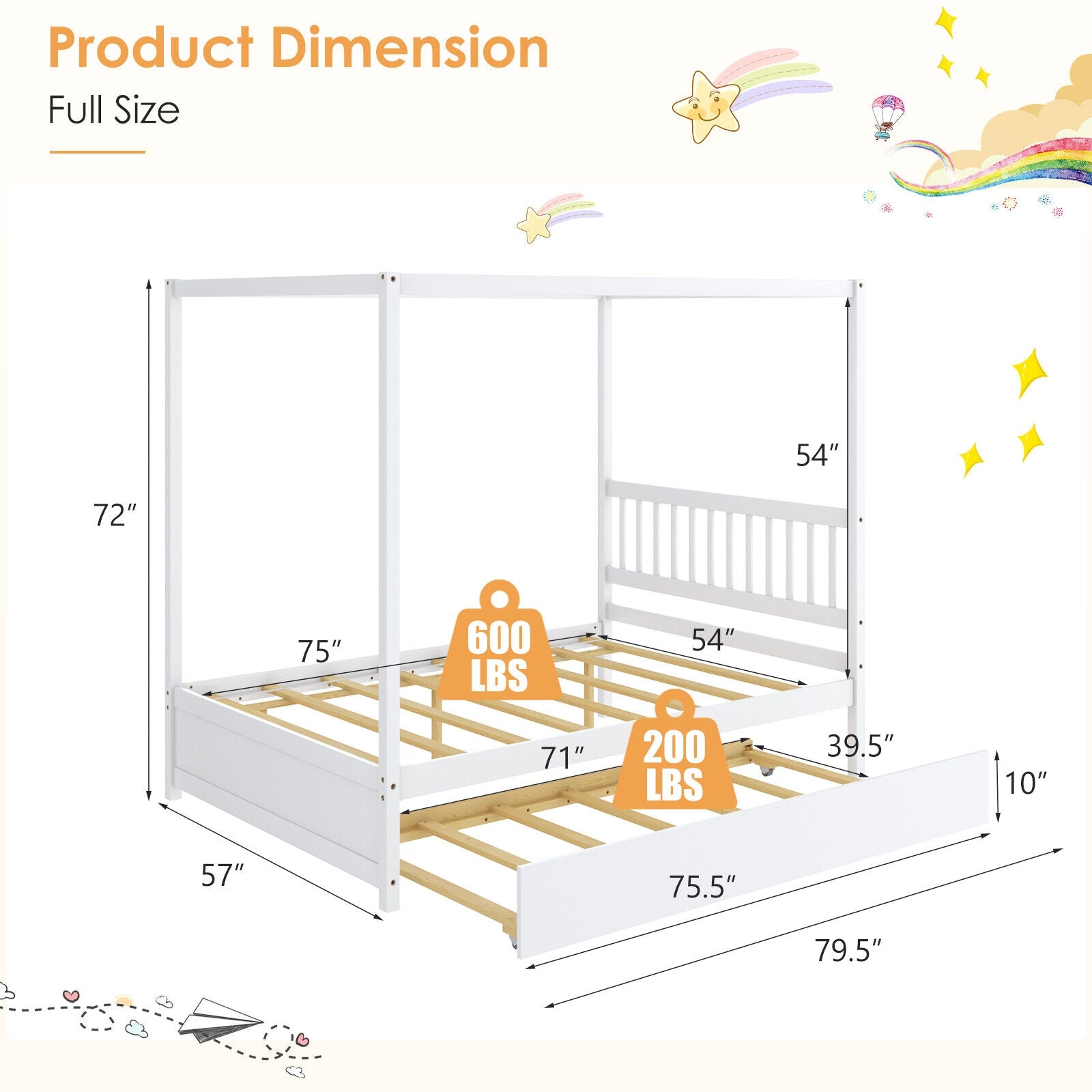 Full Size Canopy Bed with Trundle Wooden Platform Bed Frame Headboard-White