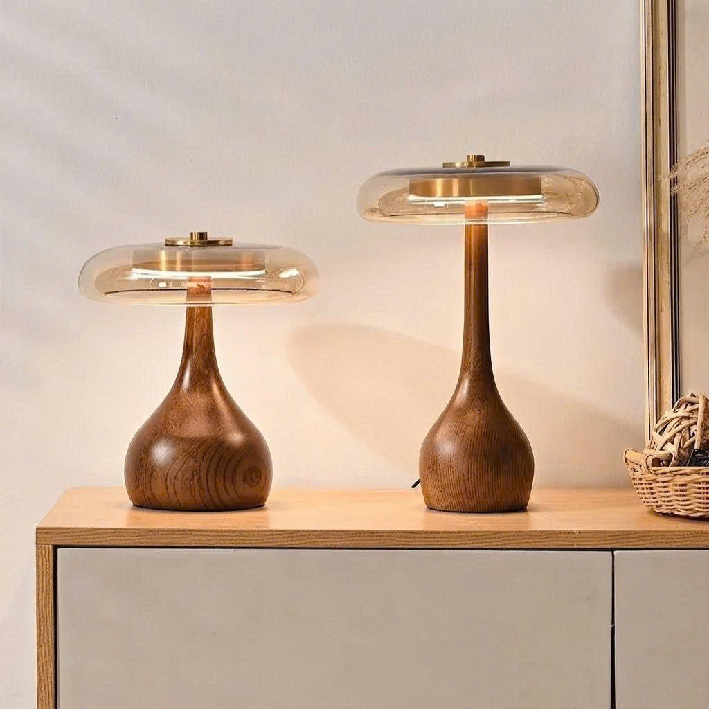 Modern Wooden & Glass Table Lamp | Minimalist Mushroom Desk Light VietmadeHomeArt