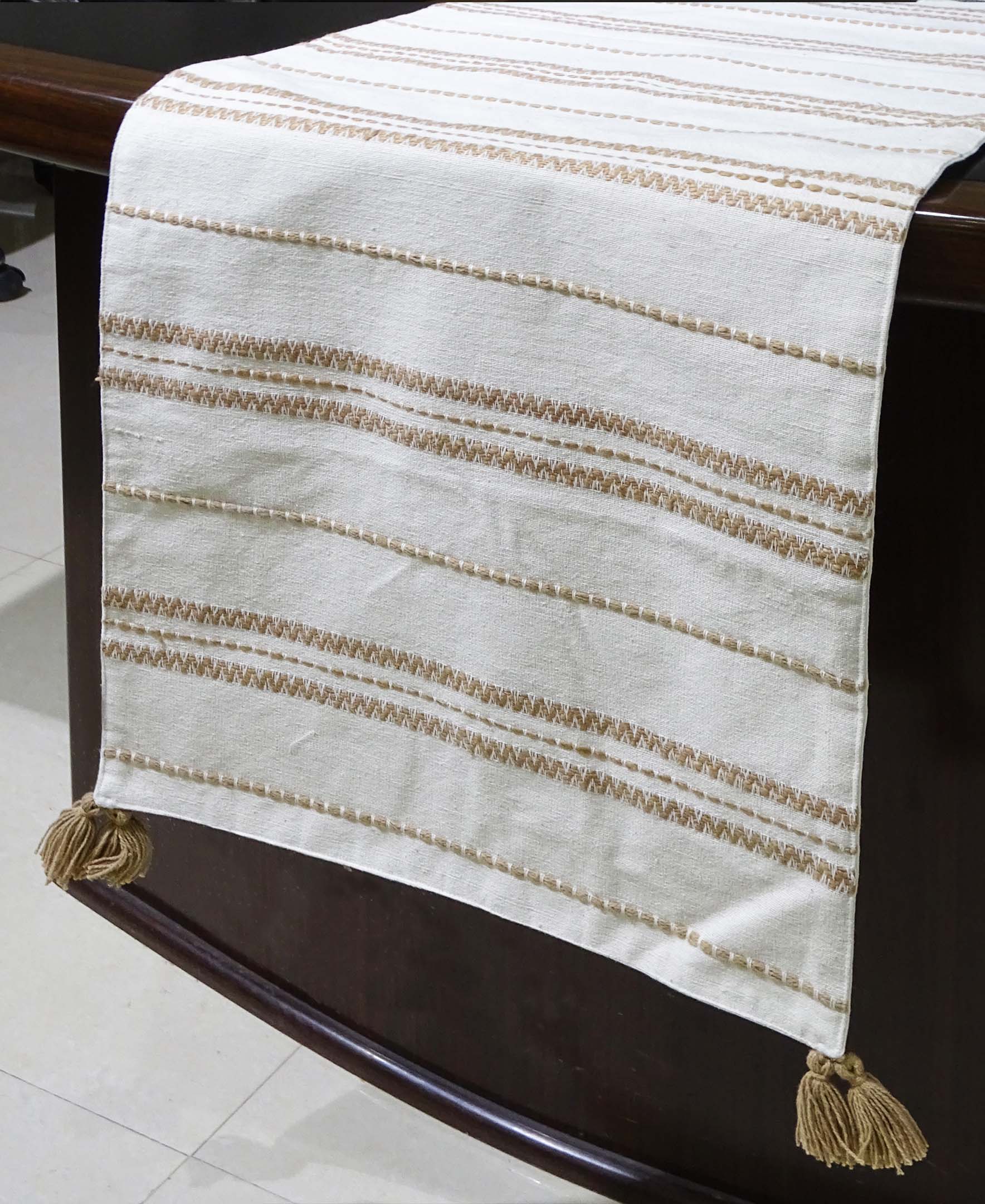 Elegant Beige off-white Embroidered Cotton Table Runner - 16"x90" Vibhsa