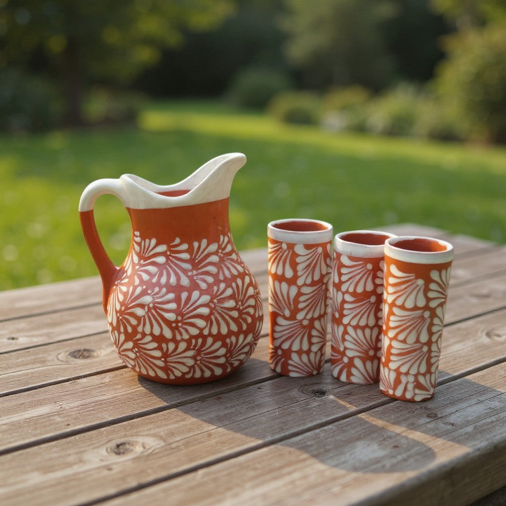 Talavera Brown & White Drinkware Set | Handmade Pitcher & Cups The Talavera Hub