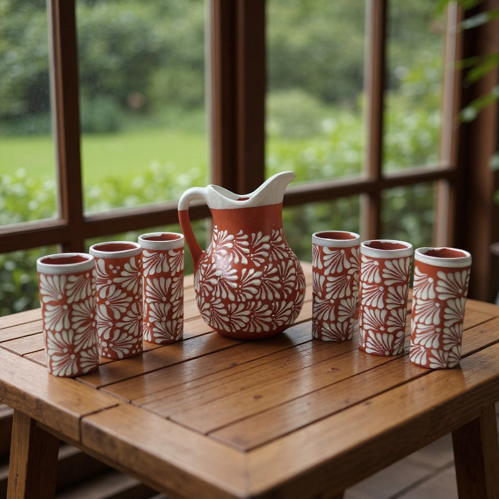 Talavera Brown & White Drinkware Set | Handmade Pitcher & Cups The Talavera Hub