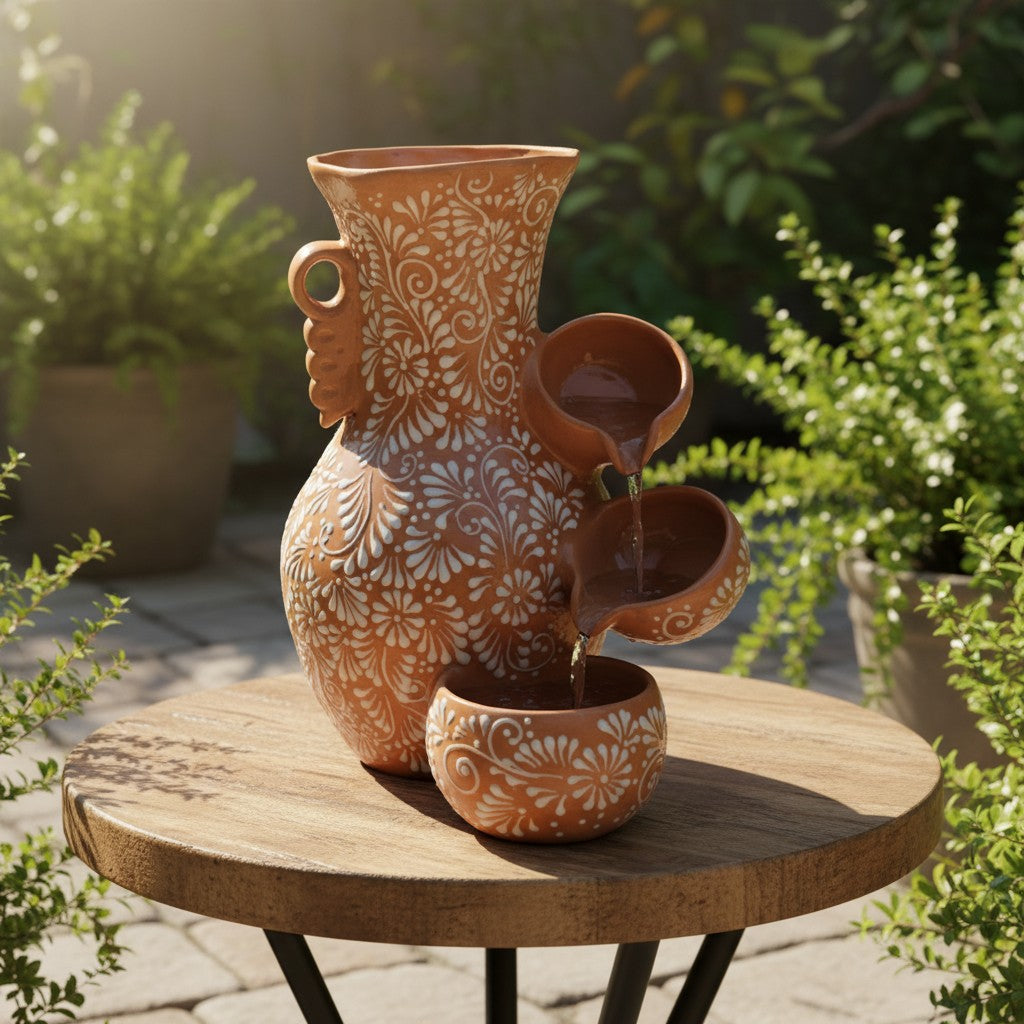Talavera Ceramic Fountain | Brown & White Relief Design The Talavera Hub