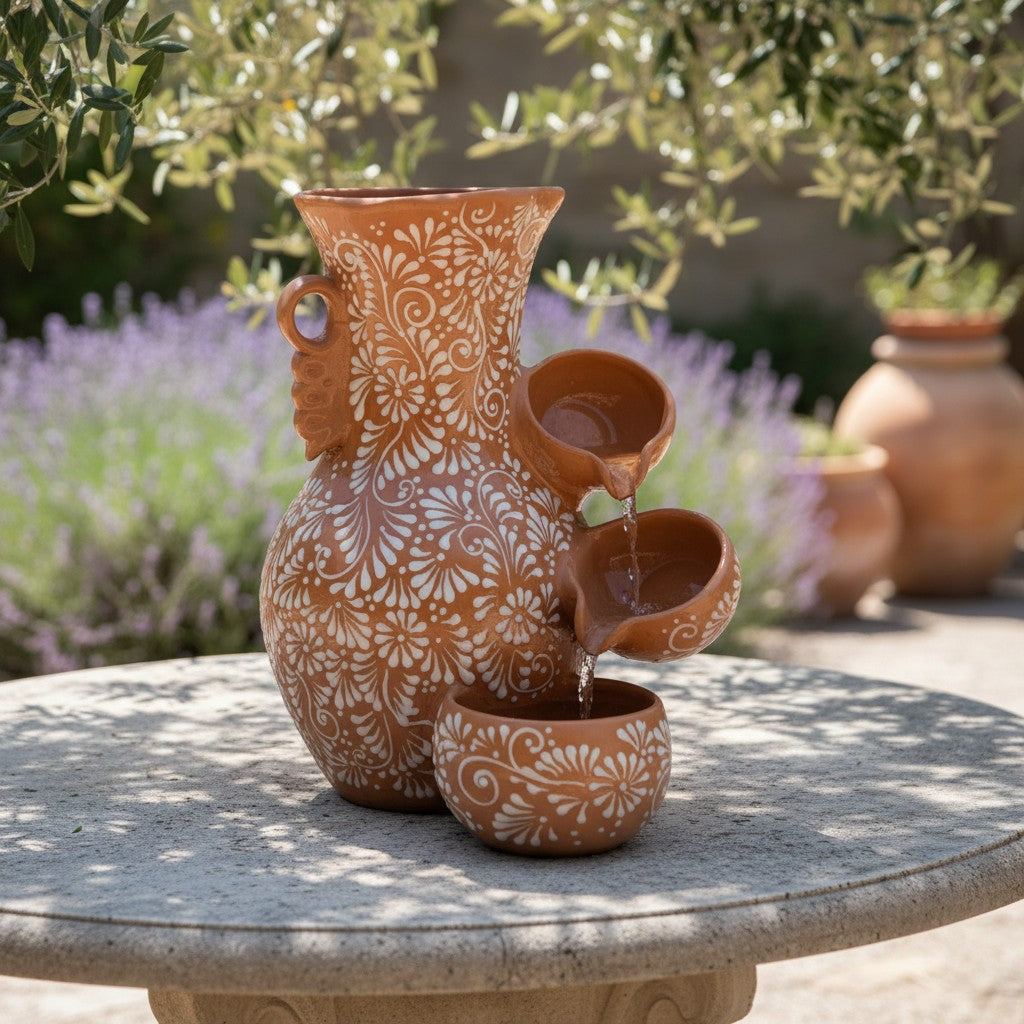 Talavera Ceramic Fountain | Brown & White Relief Design The Talavera Hub