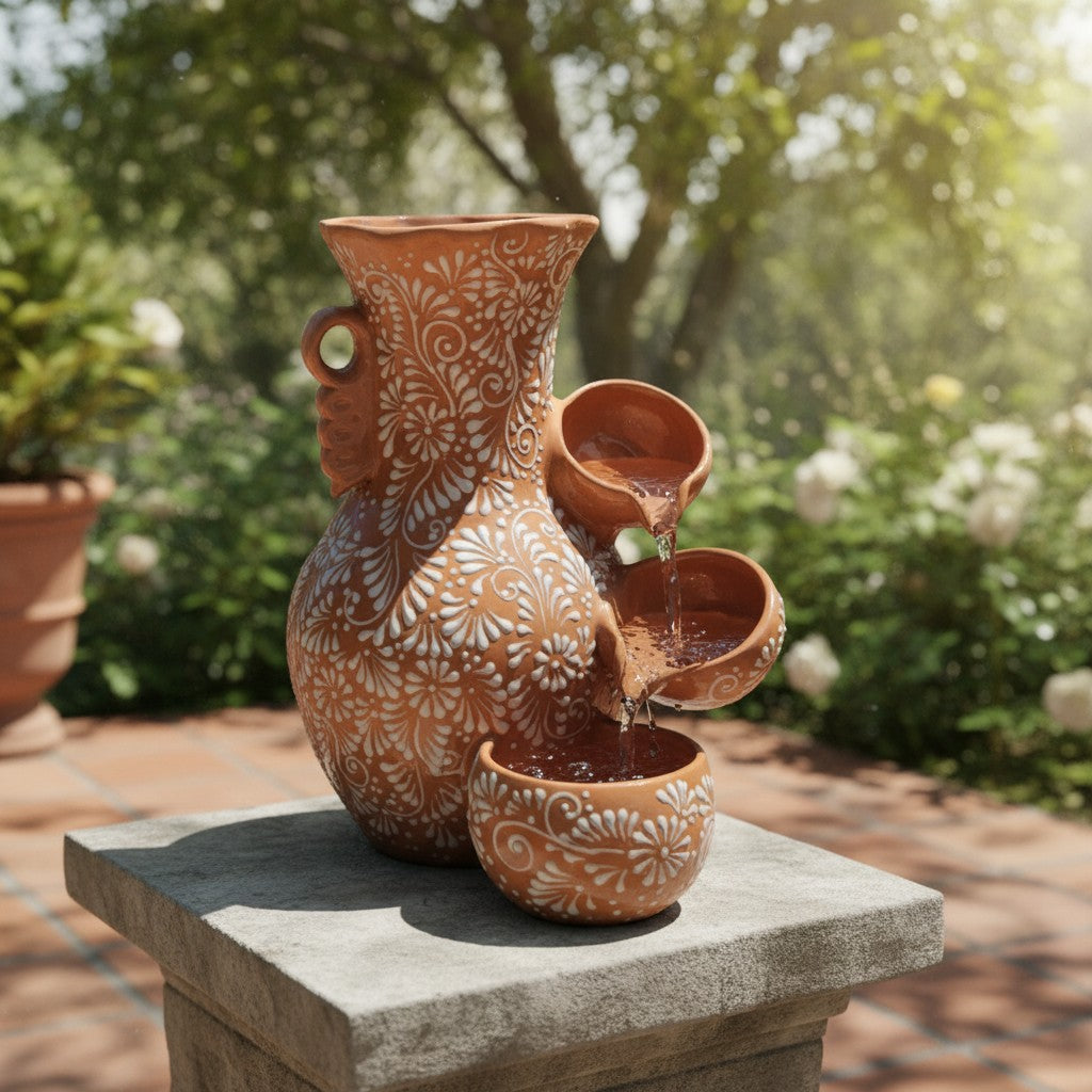Talavera Ceramic Fountain | Brown & White Relief Design The Talavera Hub