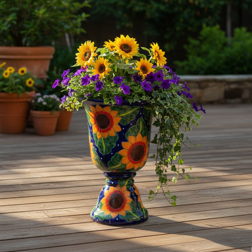 Talavera Pedestal Planter | Cobalt Blue Sunflower Design The Talavera Hub