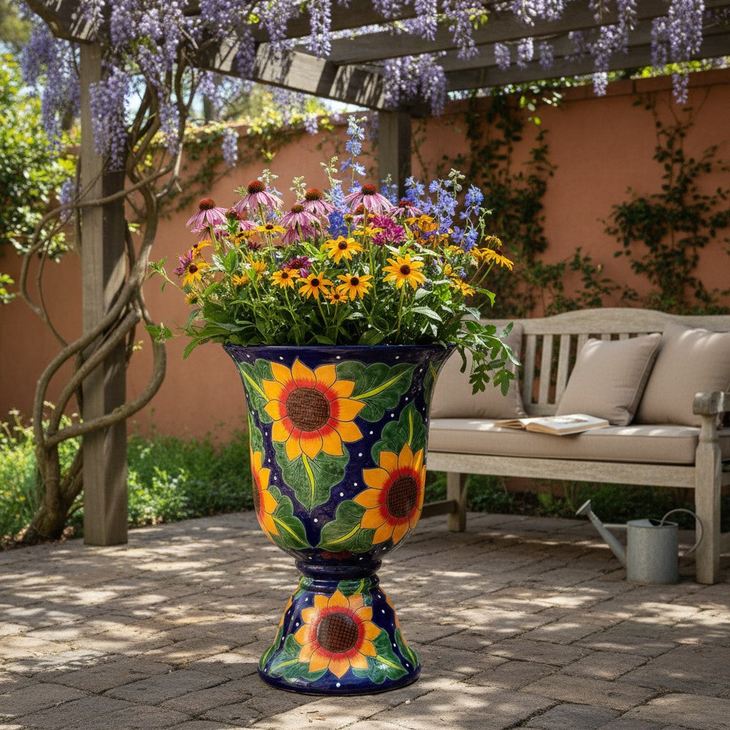 Talavera Pedestal Planter | Cobalt Blue Sunflower Design The Talavera Hub