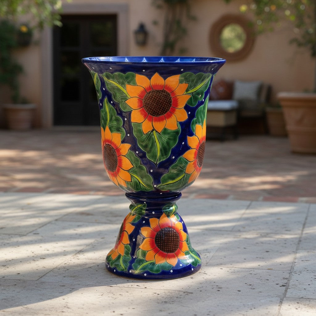 Talavera Pedestal Planter | Cobalt Blue Sunflower Design The Talavera Hub