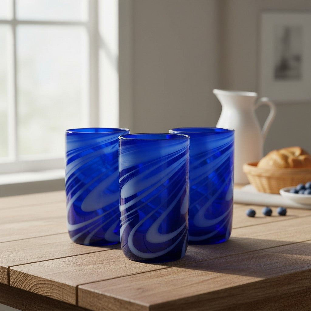 Handmade Mexican Drinking Glass | Blue with White Swirl The Talavera Hub
