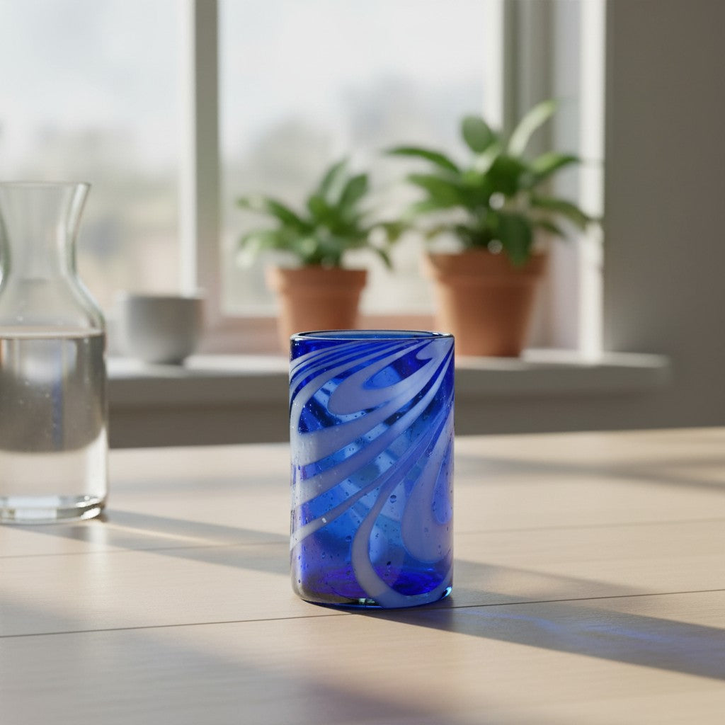 Handmade Mexican Drinking Glass | Blue with White Swirl The Talavera Hub