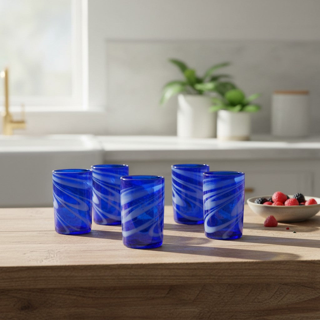 Handmade Mexican Drinking Glass | Blue with White Swirl The Talavera Hub