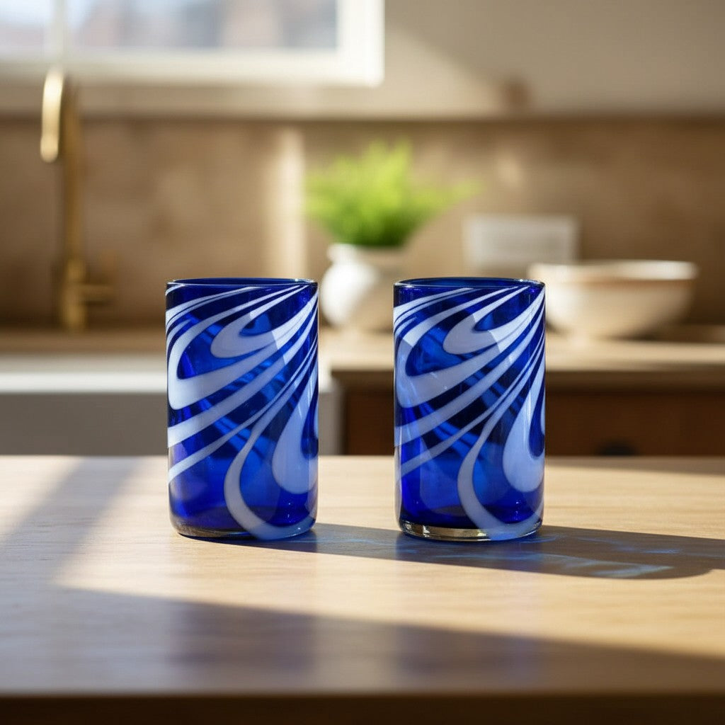 Handmade Mexican Drinking Glass | Blue with White Swirl The Talavera Hub