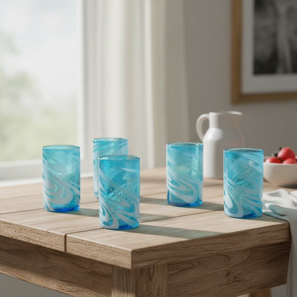 Handblown Mexican Teal Tumbler Glass | White Swirl Accent The Talavera Hub