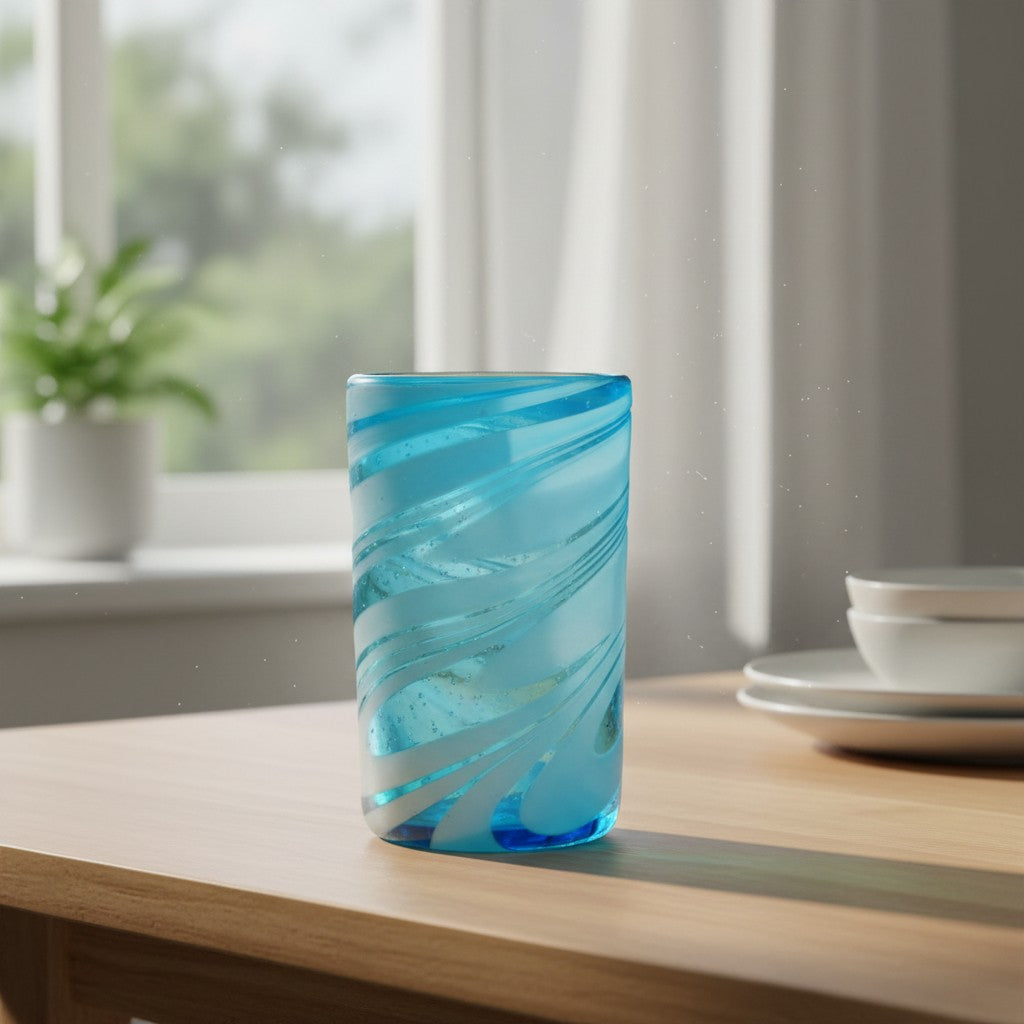 Handblown Mexican Teal Tumbler Glass | White Swirl Accent The Talavera Hub