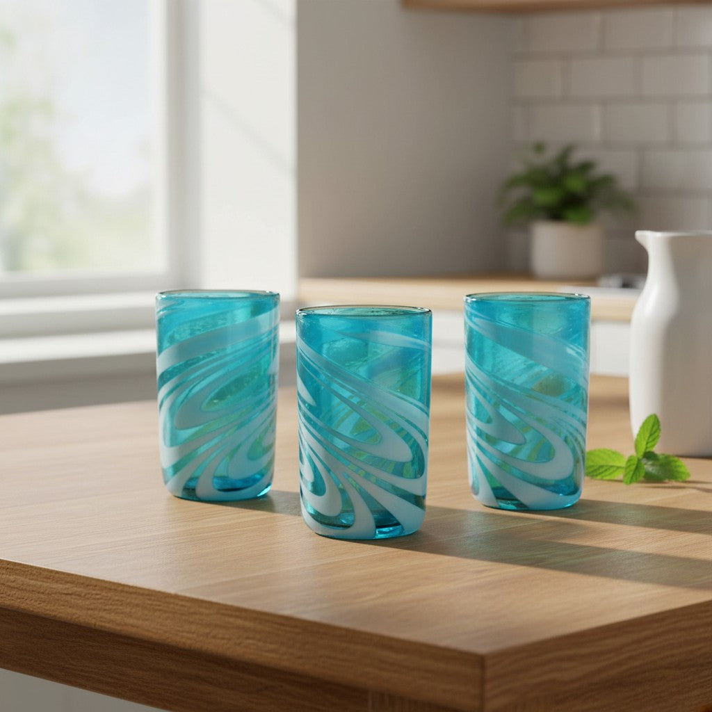 Handblown Mexican Teal Tumbler Glass | White Swirl Accent The Talavera Hub