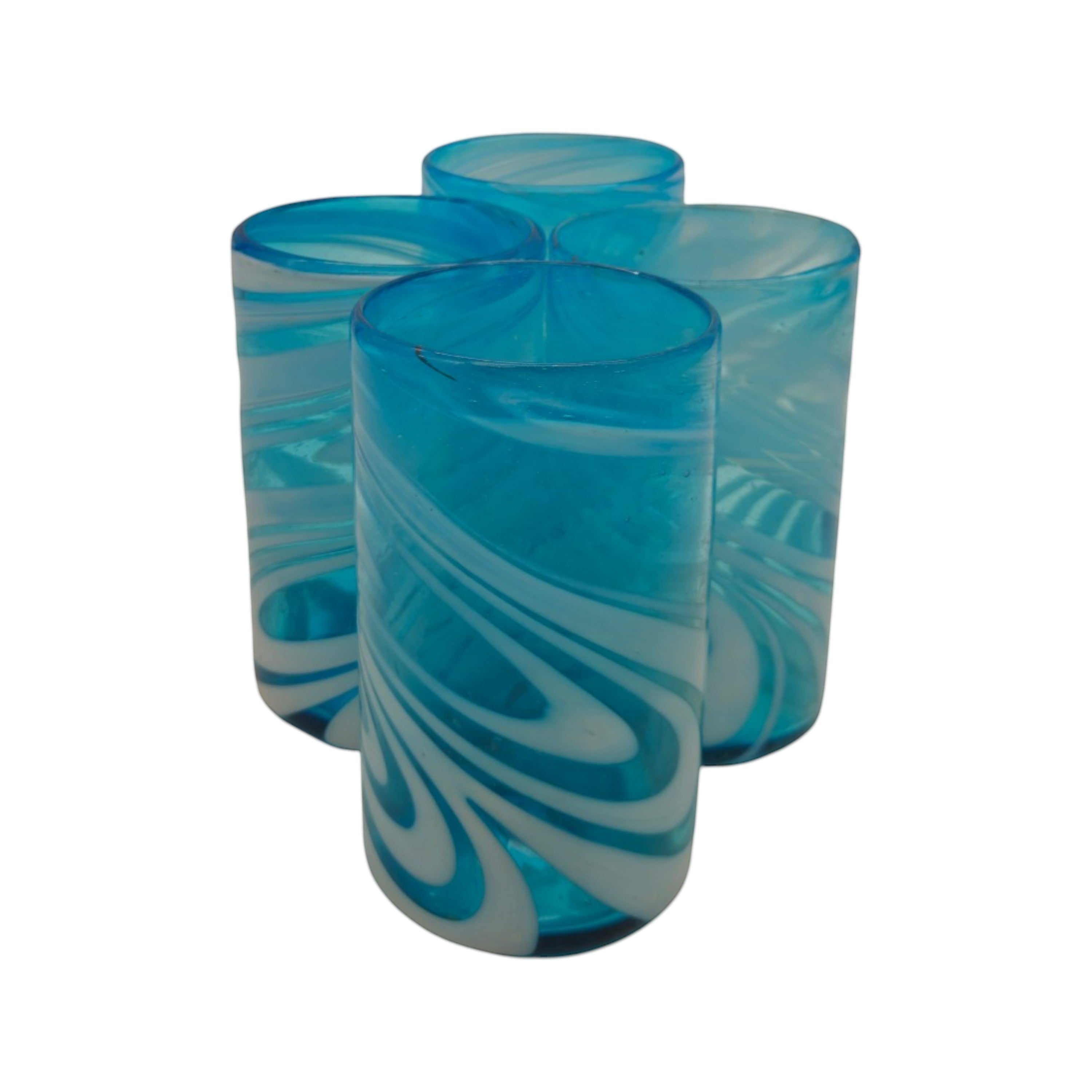Handblown Mexican Teal Tumbler Glass | White Swirl Accent The Talavera Hub