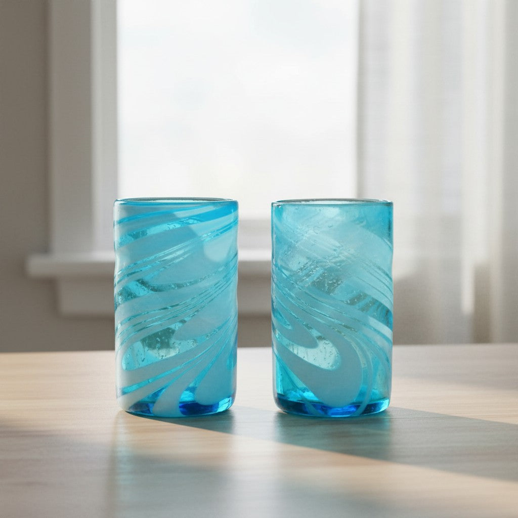 Handblown Mexican Teal Tumbler Glass | White Swirl Accent The Talavera Hub