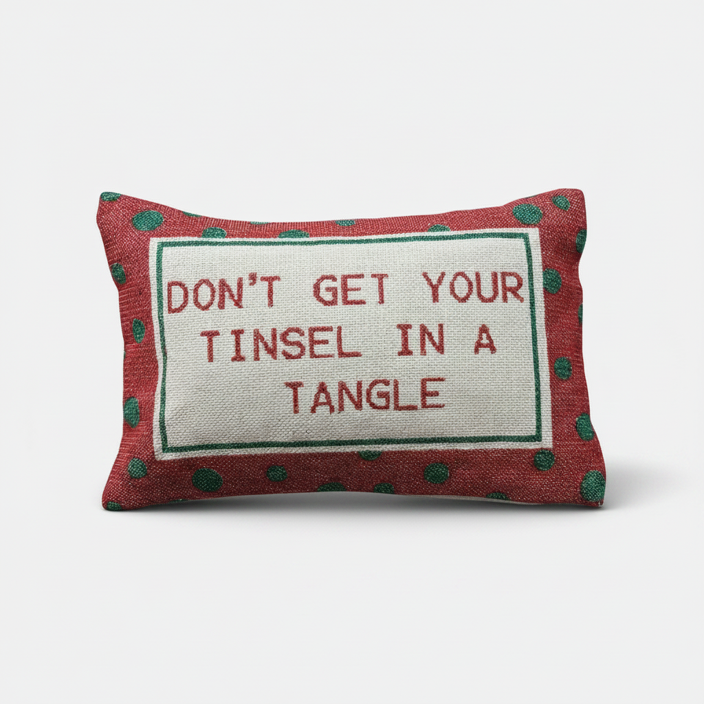 "Don't Get Your Tinsel In A Tangle" with Polka Dots Pattern Cotton Lumbar Pillow Branches Designs