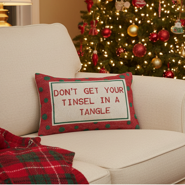 "Don't Get Your Tinsel In A Tangle" with Polka Dots Pattern Cotton Lumbar Pillow Branches Designs