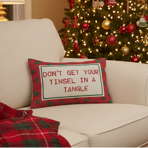 "Don't Get Your Tinsel In A Tangle" with Polka Dots Pattern Cotton Lumbar Pillow Branches Designs