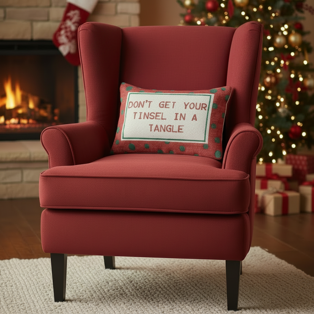 "Don't Get Your Tinsel In A Tangle" with Polka Dots Pattern Cotton Lumbar Pillow Branches Designs