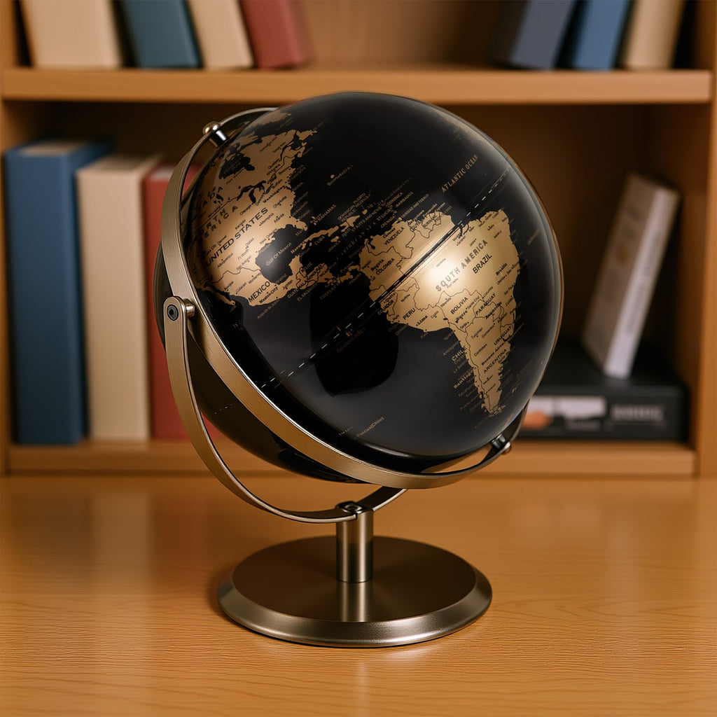 9-Inch Metallic Black World Globe with Metal Stand-Golden DirectDeals