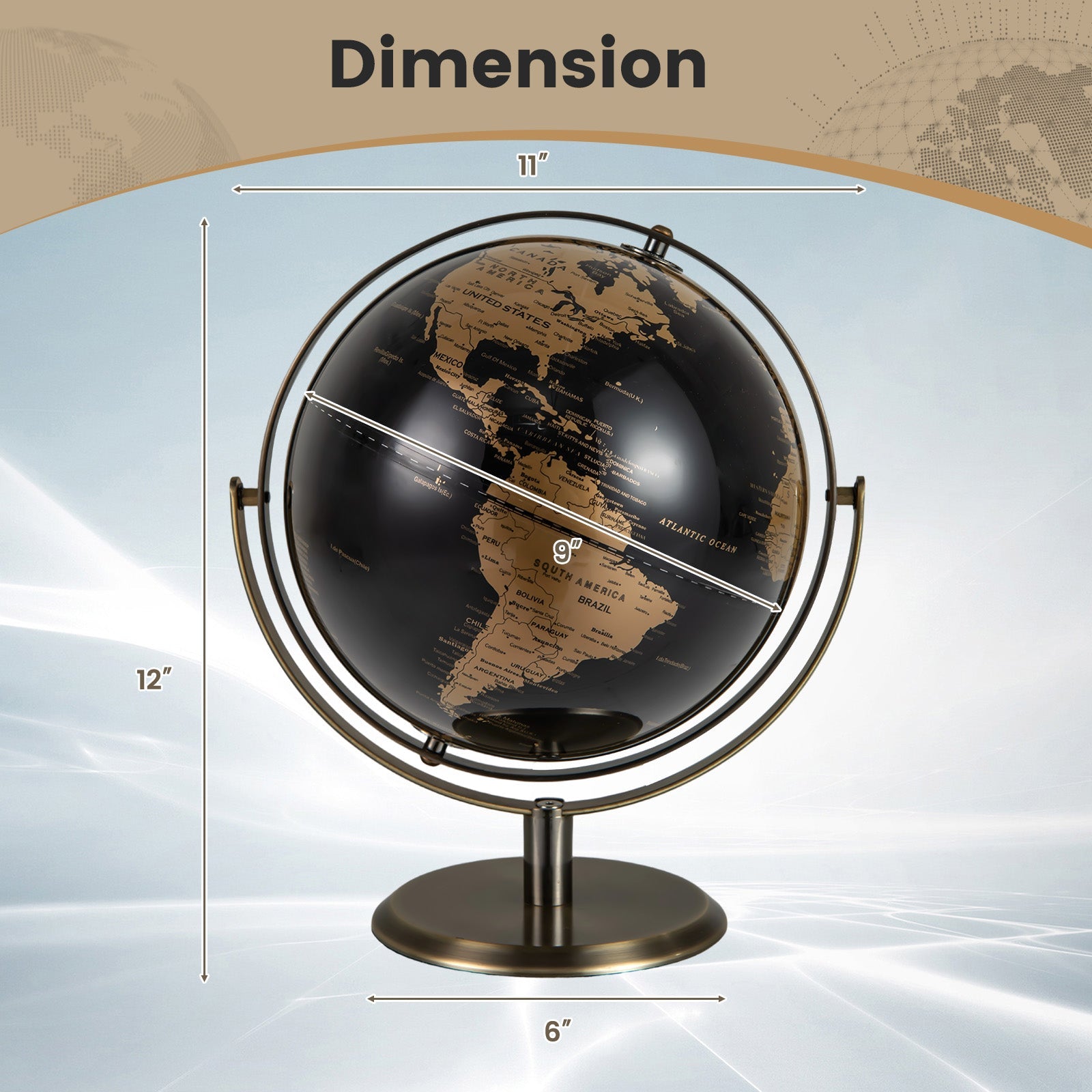 9-Inch Metallic Black World Globe with Metal Stand-Golden DirectDeals
