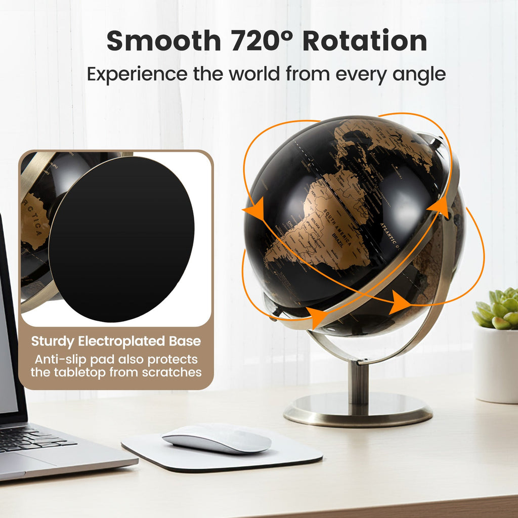 9-Inch Metallic Black World Globe with Metal Stand-Golden DirectDeals