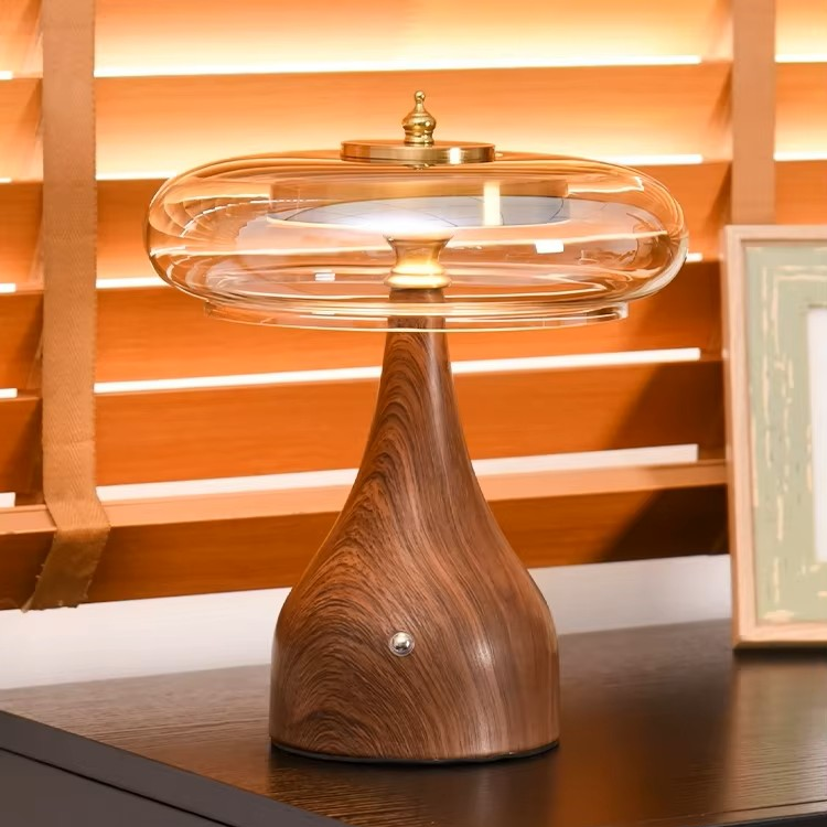Modern Wooden & Glass Table Lamp | Minimalist Mushroom Desk Light VietmadeHomeArt