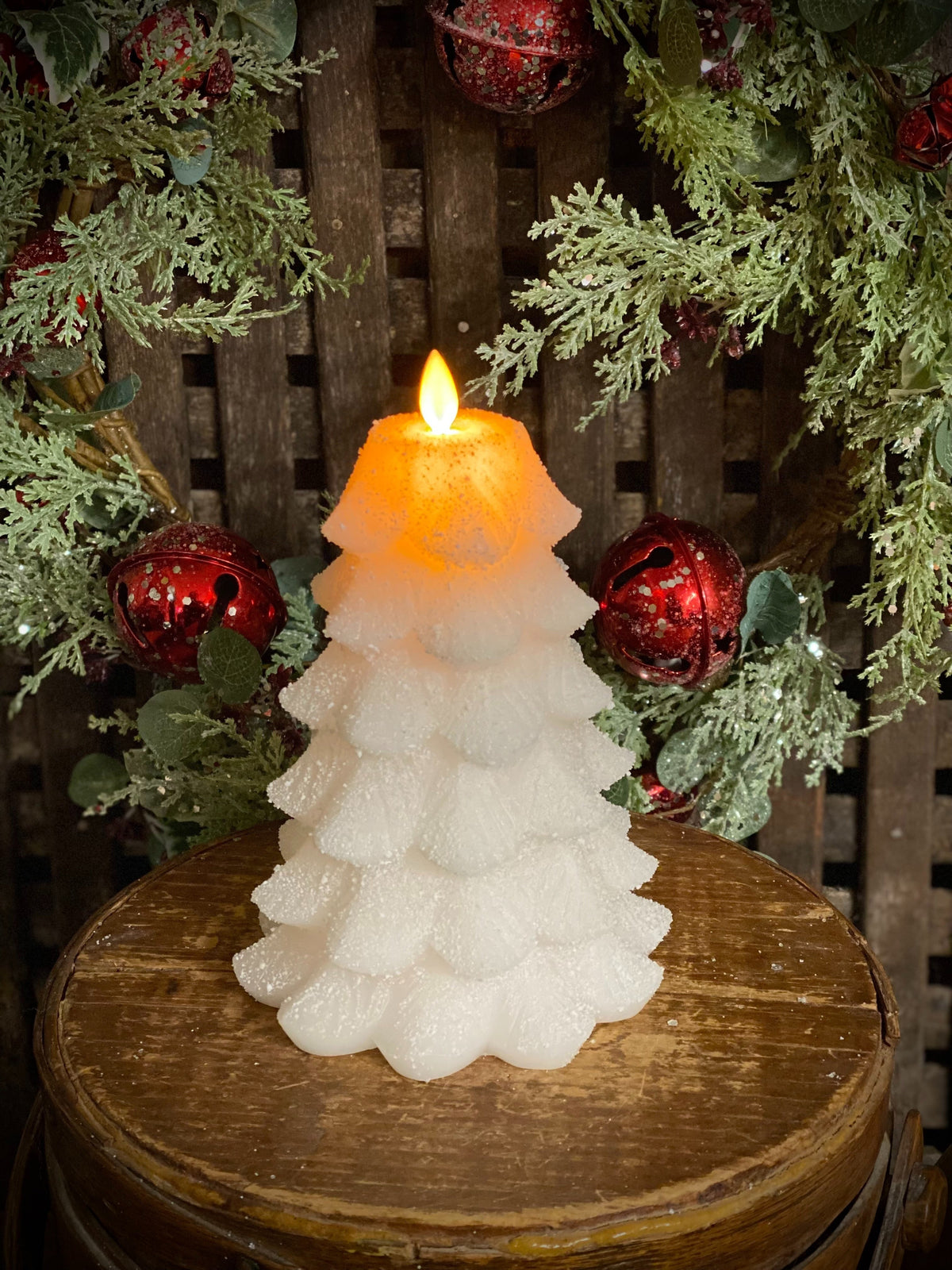 White Glitter Christmas Tree LED Moving Flame Candle Rust & Cinder