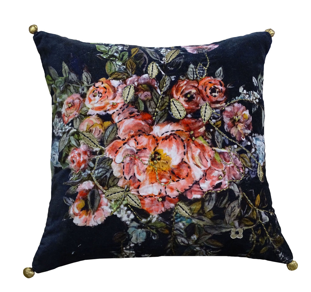 Black Velvet Throw Pillow Fall Collection Winter Roase 18" x 18" Vibhsa