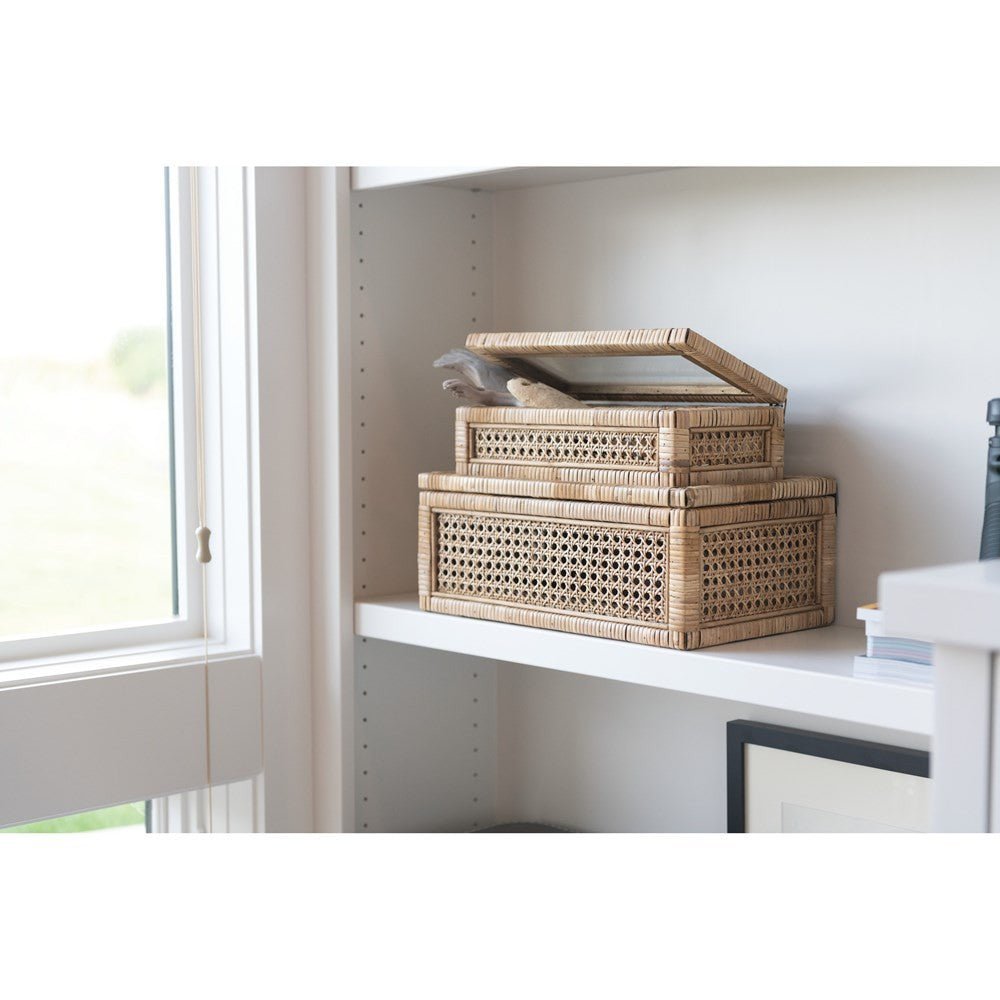 Woven Rattan & Wood Display Boxes with Glass Lid, Set of 2 White Cliff Studio