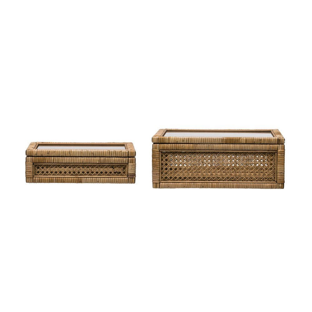 Woven Rattan & Wood Display Boxes with Glass Lid, Set of 2 White Cliff Studio
