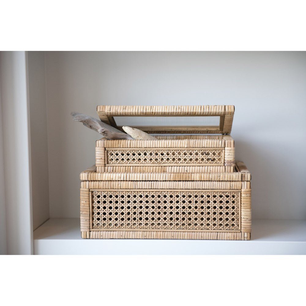 Woven Rattan & Wood Display Boxes with Glass Lid, Set of 2 White Cliff Studio