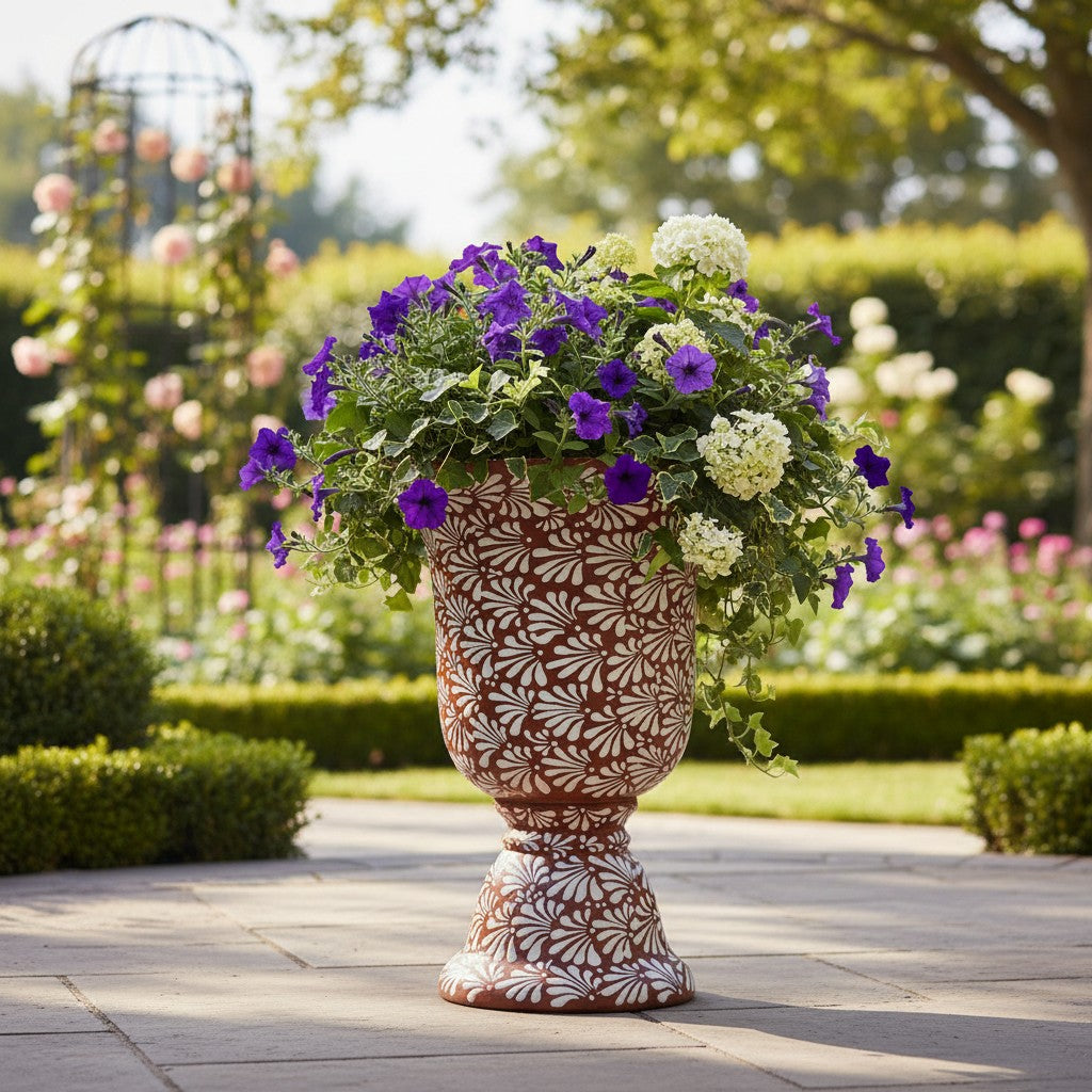 XL Brown & White Talavera Pedestal Planter | Handmade Flower Pot The Talavera Hub
