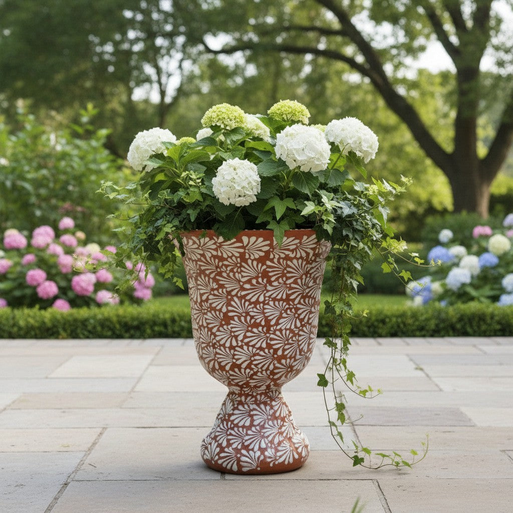 XL Brown & White Talavera Pedestal Planter | Handmade Flower Pot The Talavera Hub
